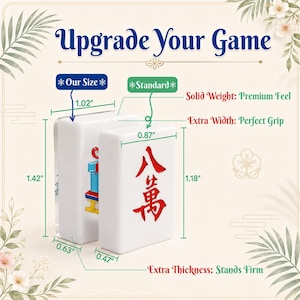 May include: Two white mahjong tiles with red and blue characters. The larger tile measures 1.42 inches by 1.02 inches by 0.63 inches. The standard tile measures 1.18 inches by 0.87 inches by 0.47 inches. Text includes Upgrade Your Game, Our Size, and Standard.