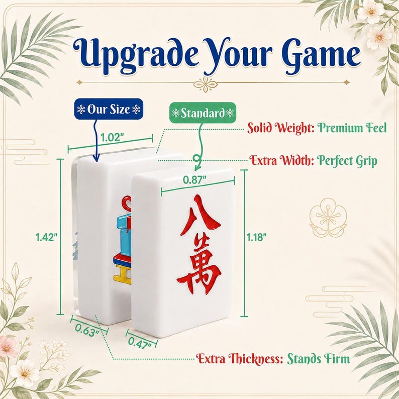 May include: Two white mahjong tiles with red and blue characters. The larger tile measures 1.42 inches by 1.02 inches by 0.63 inches. The standard tile measures 1.18 inches by 0.87 inches by 0.47 inches. Text includes Upgrade Your Game, Our Size, and Standard.