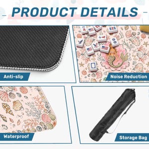 May include: A product details graphic for a mahjong mat featuring a black anti-slip backing, a light pink surface with mermaid and seashell illustrations, noise reduction properties, waterproof material, and a black cylindrical storage bag with a strap.