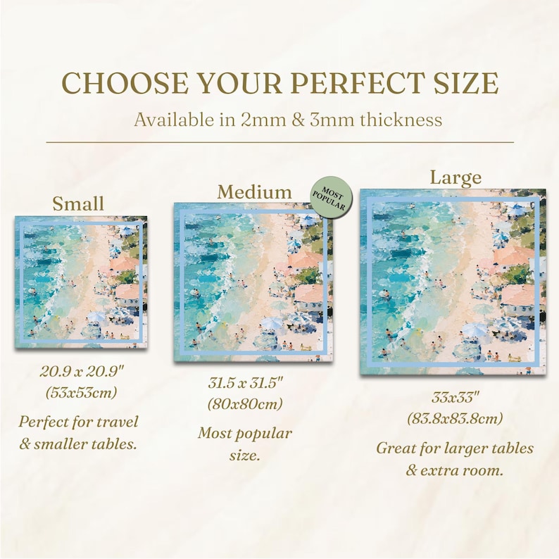 May include: Three square table mats with a beach scene design are displayed, in small (53x53cm), medium (80x80cm), and large (83.8x83.8cm) sizes. The text reads "CHOOSE YOUR PERFECT SIZE" and "Available in 2mm & 3mm thickness".