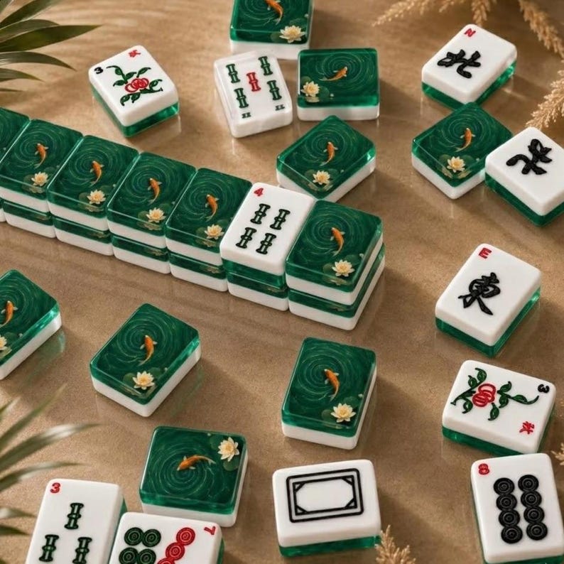 Pu&ograve; includere: Un set di tessere rettangolari da mahjong con facce bianche recanti caratteri cinesi neri o motivi floreali rossi e verdi, e dorsi verde scuro traslucidi decorati con piccoli pesci koi arancioni e ninfee bianche.