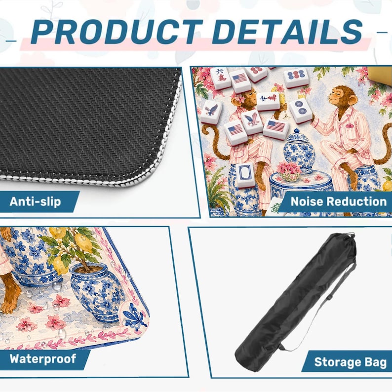May include: The image showcases a product with the text "PRODUCT DETAILS". It highlights features like anti-slip, noise reduction, and waterproof qualities. The product features a whimsical design with monkeys, floral patterns, and a storage bag.