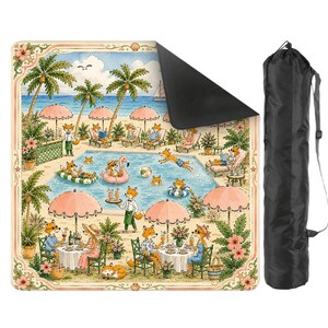 May include: A square outdoor blanket featuring a colorful illustration of foxes relaxing at a swimming pool with palm trees and pink umbrellas, accompanied by a black cylindrical carrying bag with a shoulder strap for storage and transport.