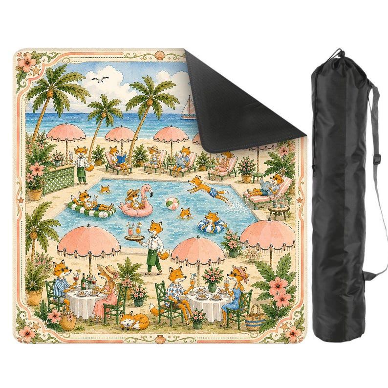 May include: A square outdoor blanket featuring a colorful illustration of foxes relaxing at a swimming pool with palm trees and pink umbrellas, accompanied by a black cylindrical carrying bag with a shoulder strap for storage and transport.