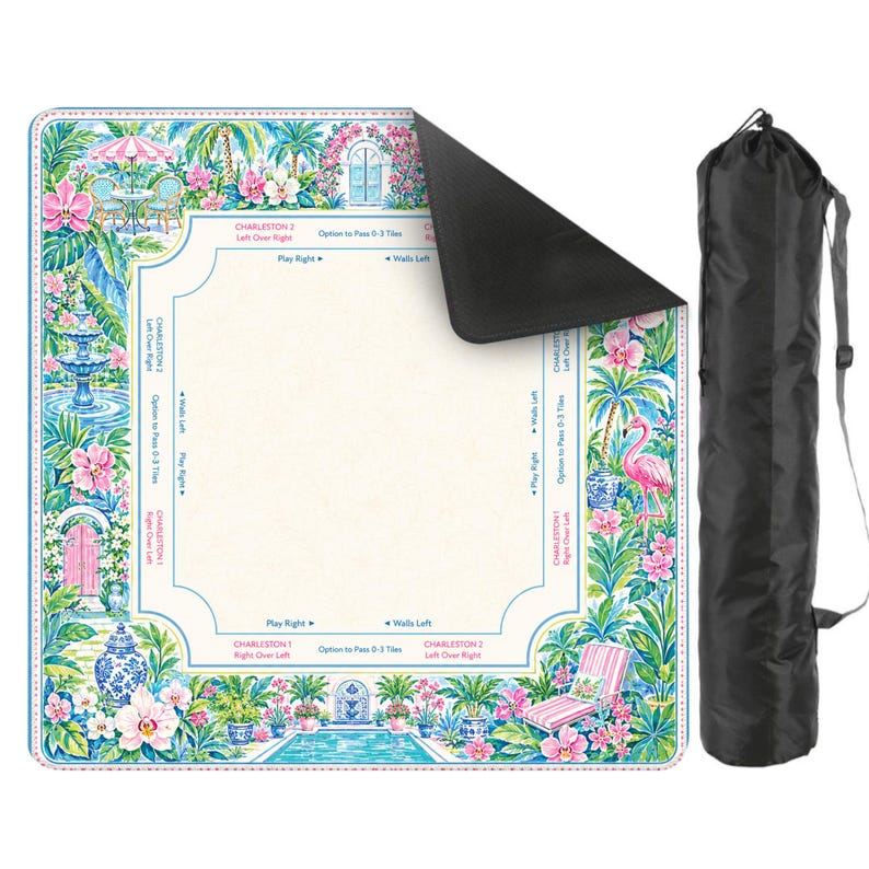 May include: A square Mahjong mat with a cream center and a colorful border featuring tropical plants, pink flamingos, fountains, and patio furniture. The mat includes printed game instructions and comes with a black cylindrical carrying bag.