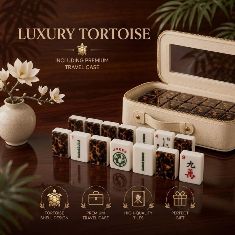 May include: A mahjong set featuring tiles with a brown and black tortoise shell pattern on the back and white fronts with green, red, and black characters. The set includes a cream-colored zippered travel case with a handle and a clear window.