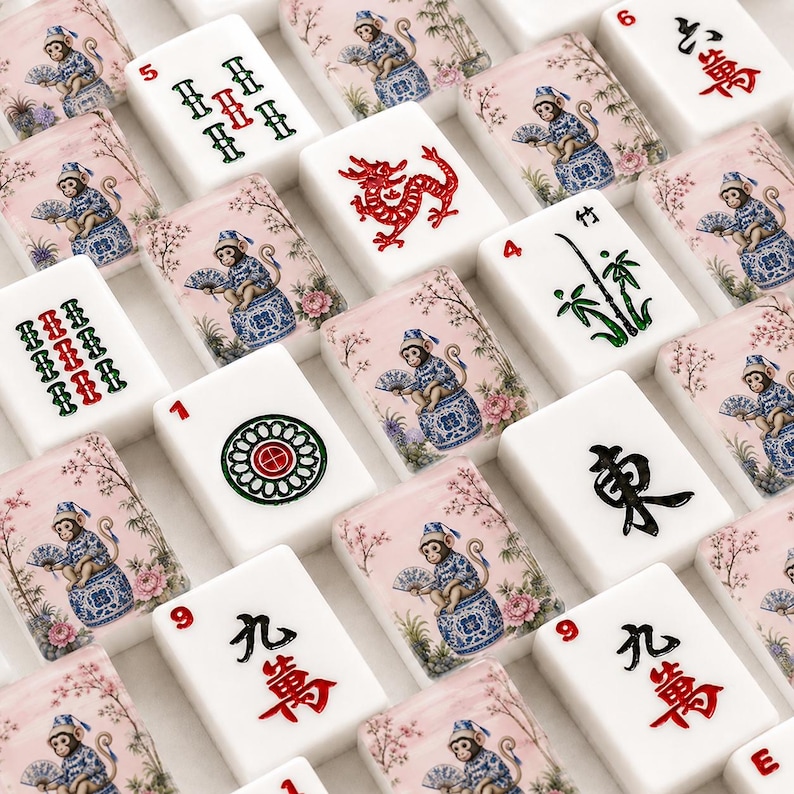 Op de afbeelding: Een verzameling witte Mahjong-tegels met verschillende ontwerpen. Sommige tegels tonen rode Chinese karakters, terwijl andere illustraties van apen, draken en bamboe tonen. De tegels zijn in een raster gerangschikt.