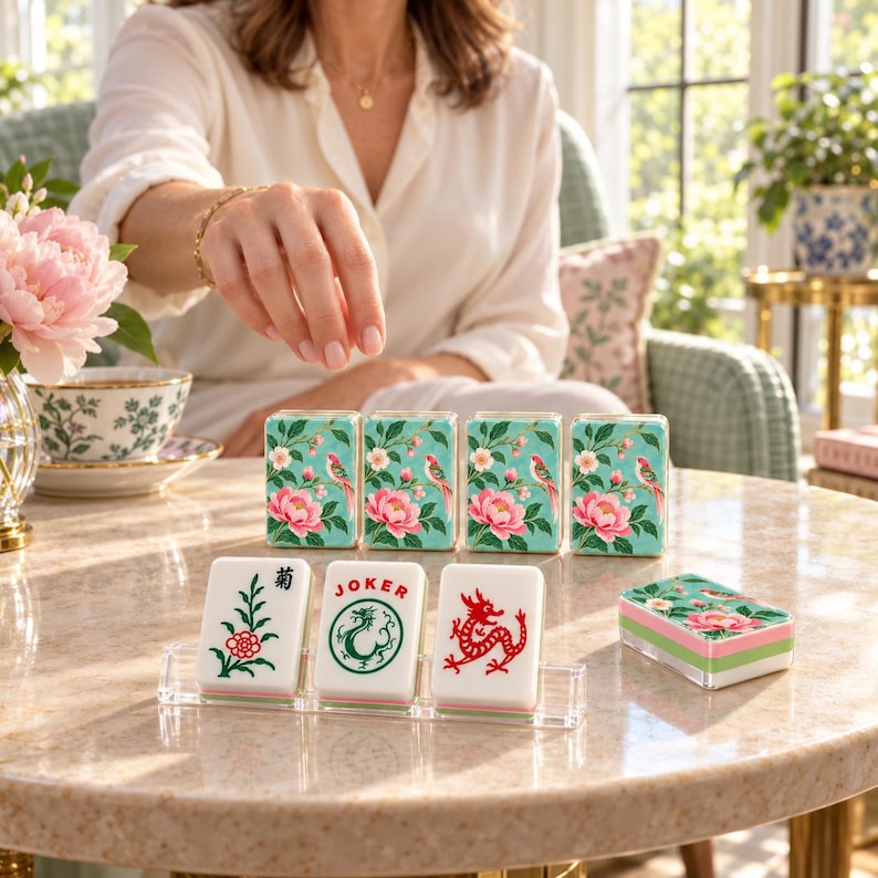 May include: A set of rectangular mahjong tiles featuring a light blue background with pink floral and bird illustrations. Three tiles are displayed on a clear acrylic stand, showing a flower, a green dragon, and a red dragon with the text JOKER.