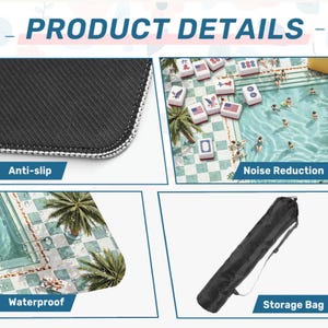 May include: Product details image showing a close-up of a black anti-slip surface, a mahjong game with a pool theme, and a black storage bag. The image also highlights the waterproof and noise reduction features.