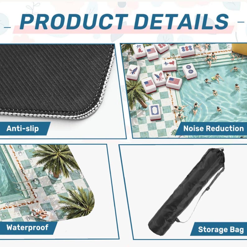 May include: Product details image showing a close-up of a black anti-slip surface, a mahjong game with a pool theme, and a black storage bag. The image also highlights the waterproof and noise reduction features.