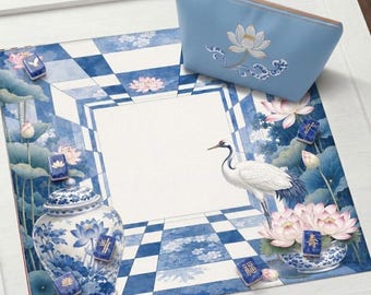 Tapete de Mahjong con Loto de Estilo Chinoiserie Azul, Decoración de Porcelana con Pájaro Grulla, Regalo de Mahjong para Mujeres, Funda Protectora de Mesa Antideslizante, SE ENVÍA ENROLLADO