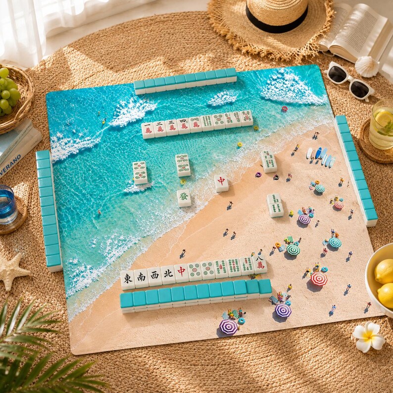 May include: A square mahjong mat featuring a printed beach scene with turquoise ocean waves and sandy shore. The mat includes scattered mahjong tiles with Chinese characters and symbols, alongside miniature beach umbrellas and figures.
