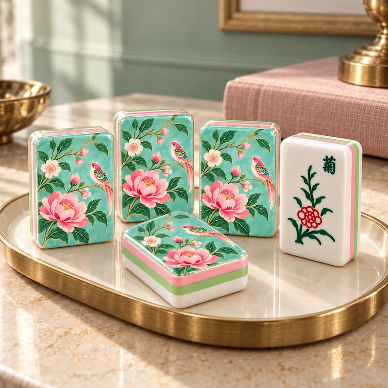 May include: Four rectangular mahjong tiles with a teal background featuring pink peonies and small birds, plus one white tile with a green and red floral design and a black character. The tiles are arranged on an oval gold-rimmed tray.