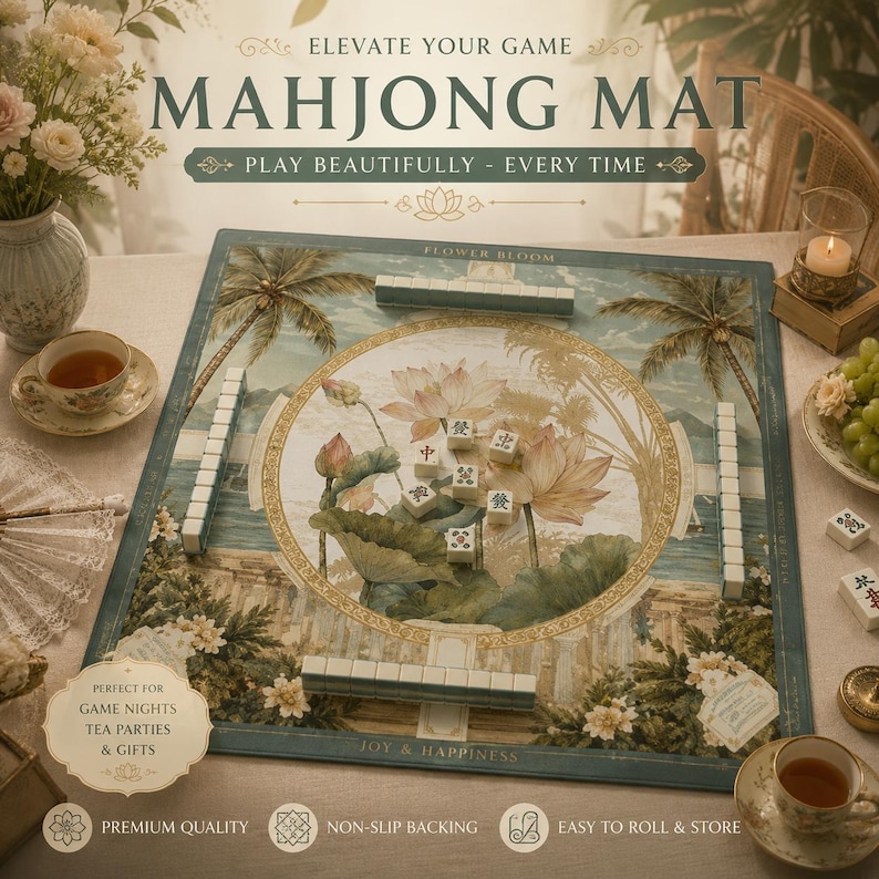 Puede incluir: Un tapete de Mahjong con un dise&ntilde;o floral y paisaj&iacute;stico. El tapete presenta el texto "MAHJONG MAT" y "PLAY BEAUTIFULLY - EVERY TIME". El tapete est&aacute; decorado con flores de loto, palmeras y caracteres chinos. Perfecto para noches de juegos, fiestas de t&eacute; y regalos.