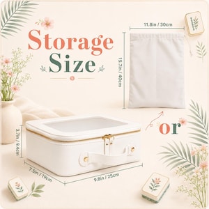 May include: A white rectangular storage case with a clear top, gold zipper, and handle, measuring 9.8 inches by 7.5 inches by 3.7 inches, alongside a white drawstring bag measuring 11.8 inches by 15.7 inches, with text reading Storage Size.