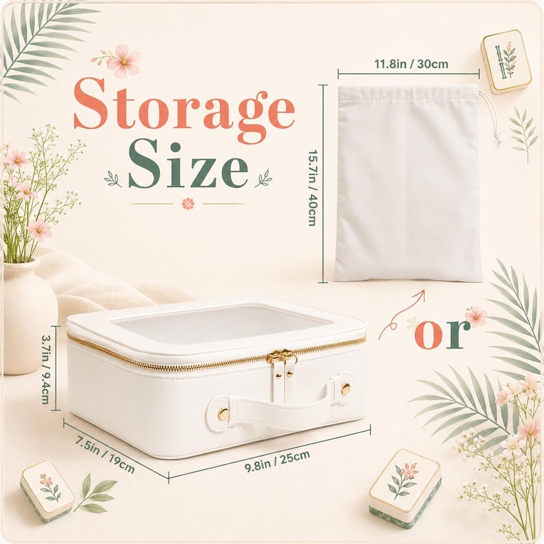 May include: A white rectangular storage case with a clear top, gold zipper, and handle, measuring 9.8 inches by 7.5 inches by 3.7 inches, alongside a white drawstring bag measuring 11.8 inches by 15.7 inches, with text reading Storage Size.