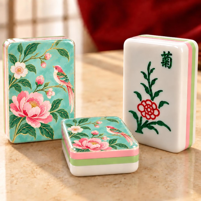 May include: Three rectangular mahjong tiles with rounded edges. Two tiles feature a teal background with pink flowers, green leaves, and a small bird. One white tile displays a green plant, a red flower, and the black Chinese character for chrysanthemum.
