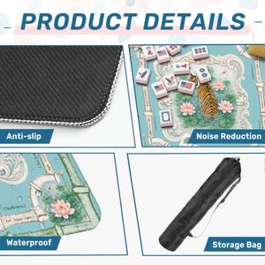 Puede incluir: Una alfombrilla de Mahjong con dise&ntilde;o de tigre y flor de loto, con reverso negro antideslizante, propiedades de reducci&oacute;n de ruido, superficie impermeable y funda de transporte negra. Incluye etiquetas de texto como Charleston 2 y Product Details.