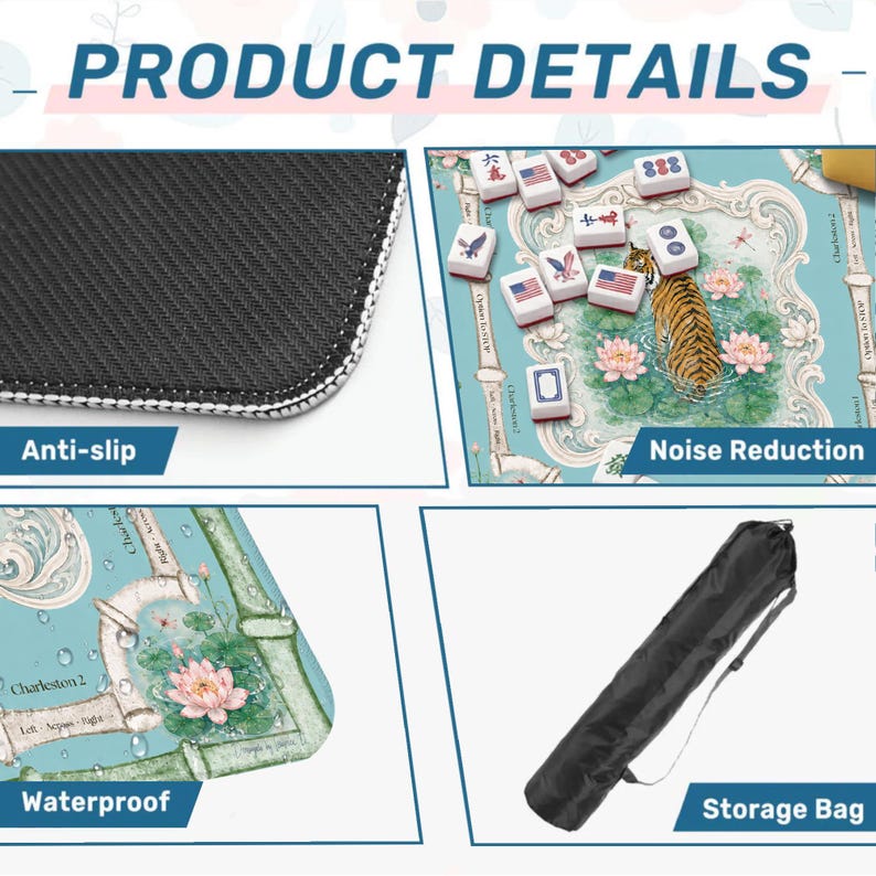 Puede incluir: Una alfombrilla de Mahjong con dise&ntilde;o de tigre y flor de loto, con reverso negro antideslizante, propiedades de reducci&oacute;n de ruido, superficie impermeable y funda de transporte negra. Incluye etiquetas de texto como Charleston 2 y Product Details.
