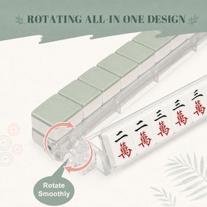May include: A clear plastic mahjong tile rack with a rotating design. The rack holds several tiles with sage green backs and white faces featuring black and red Chinese characters. Text on the image reads ROTATING ALL-IN ONE DESIGN and Rotate Smoothly.