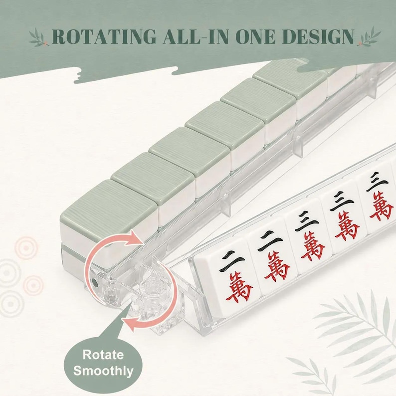 May include: A clear plastic mahjong tile rack with a rotating design. The rack holds several tiles with sage green backs and white faces featuring black and red Chinese characters. Text on the image reads ROTATING ALL-IN ONE DESIGN and Rotate Smoothly.