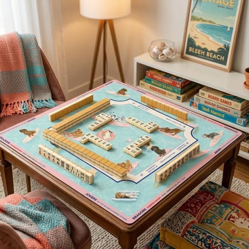 May include: A wooden Mahjong game set on a table. The game board is light blue with a pink border and features illustrations of dogs surfing. The set includes beige tiles and is surrounded by a cozy living room setting with a blanket and a vintage beach poster.