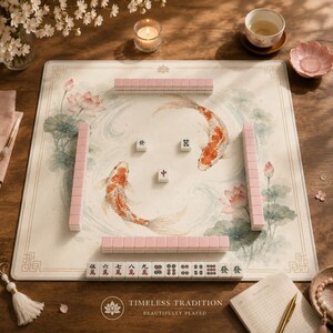 May include: A mahjong set with pink tiles and a mat featuring koi fish and lotus flowers. The mat has the text "TIMELESS TRADITION BEAUTIFULLY PLAYED". A candle, tea cup, and small dish are also present.
