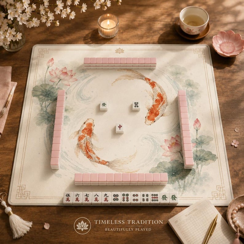 May include: A mahjong set with pink tiles and a mat featuring koi fish and lotus flowers. The mat has the text "TIMELESS TRADITION BEAUTIFULLY PLAYED". A candle, tea cup, and small dish are also present.