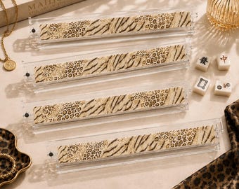 Safari Chic Mahjong Rack – Leopard Zebra Tiger Print Clear Acrylic Holder for American Mahjong, Personalized Pushers & Tile Holder Set