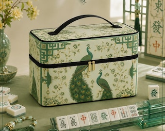 Borsa da Mahjong di lusso con pavone - Accessori da Mahjong in giada verde, design Chinoiserie per Mahjong, regalo per gli amanti del Mahjong