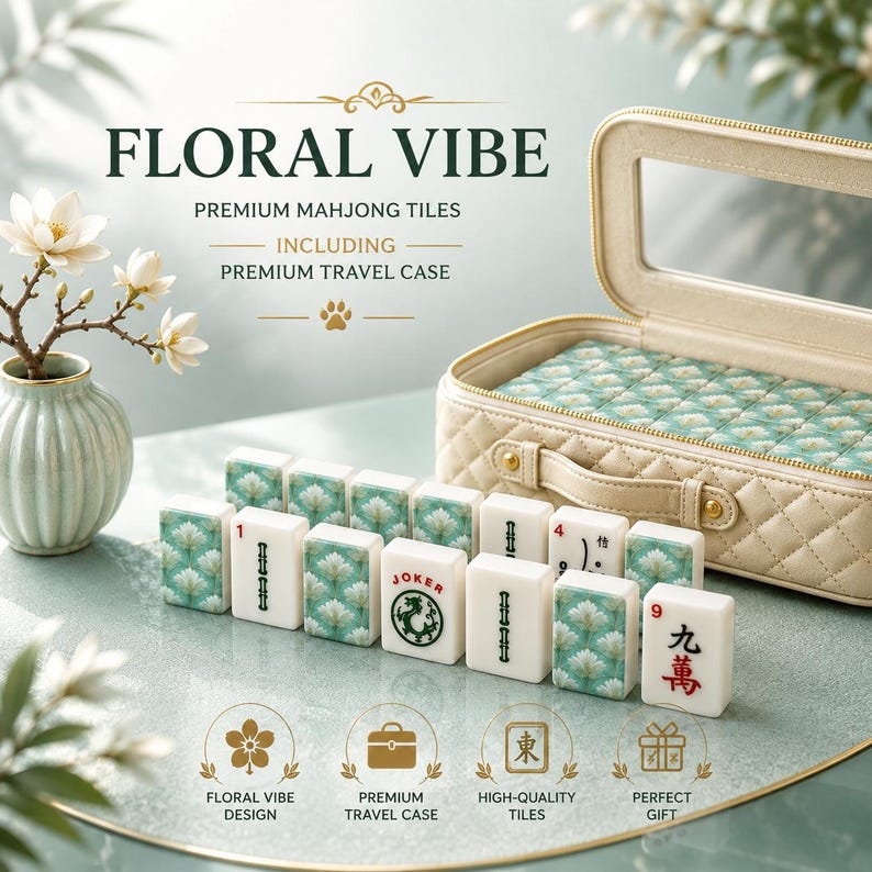 May include: A set of premium mahjong tiles with a floral design, including a travel case. The tiles are white with green floral patterns and black symbols. The case is beige with a quilted pattern and a clear window. The text "FLORAL VIBE" is at the top.