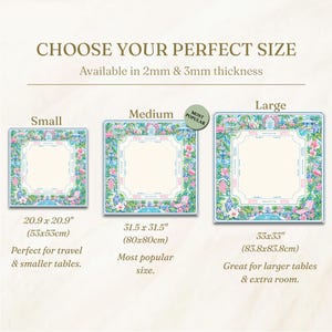 May include: Three square table mats with a tropical garden border featuring pink flamingos, palm trees, and blue pools. Sizes are 20.9 x 20.9 inches, 31.5 x 31.5 inches, and 33 x 33 inches. Text includes CHOOSE YOUR PERFECT SIZE and 2mm & 3mm thickness.