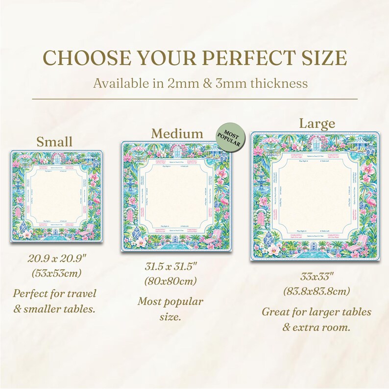 May include: Three square table mats with a tropical garden border featuring pink flamingos, palm trees, and blue pools. Sizes are 20.9 x 20.9 inches, 31.5 x 31.5 inches, and 33 x 33 inches. Text includes CHOOSE YOUR PERFECT SIZE and 2mm & 3mm thickness.
