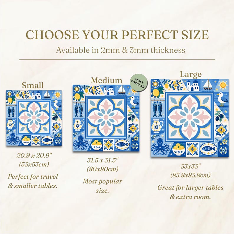 May include: Image shows three sizes of a blue and white patterned table mat with a floral design. The sizes are small (20.9 x 20.9 inches), medium (31.5 x 31.5 inches), and large (33 x 33 inches). The text reads "Choose Your Perfect Size."
