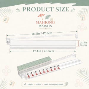 May include: A clear acrylic mahjong tile rack with dimensions labeled as 18.7 inches in total length, 17.1 inches for the tile area, and 2.12 inches in height. The rack holds a row of white mahjong tiles with red Chinese characters.
