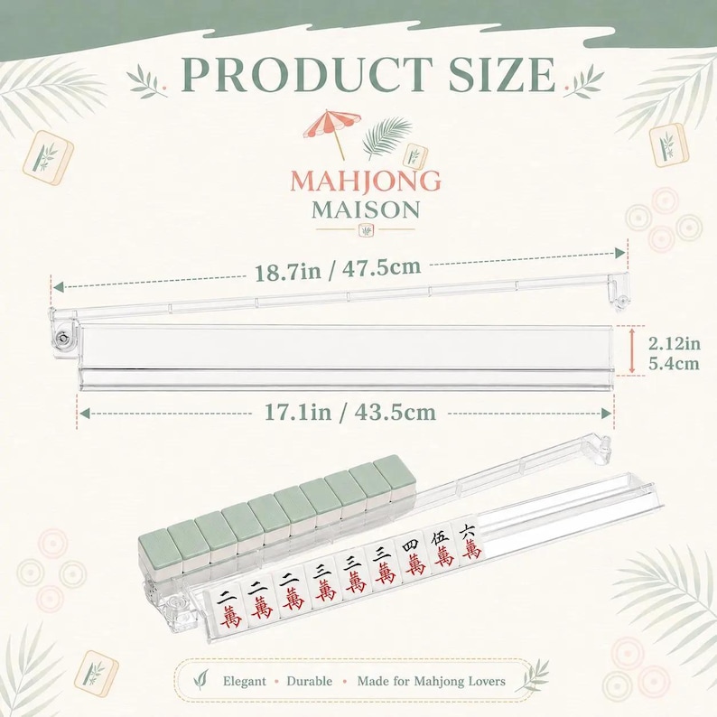 May include: A clear acrylic mahjong tile rack with dimensions labeled as 18.7 inches in total length, 17.1 inches for the tile area, and 2.12 inches in height. The rack holds a row of white mahjong tiles with red Chinese characters.