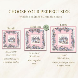 May include: A size guide for square tablecloths featuring a pink center with a detailed city and beach illustration. Three sizes are shown: Small 20.9 x 20.9 inches, Medium 31.5 x 31.5 inches, and Large 33 x 33 inches, with 2mm and 3mm thickness options.