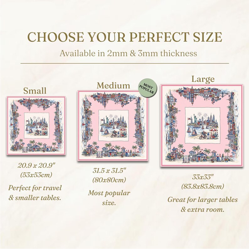 May include: A size guide for square tablecloths featuring a pink center with a detailed city and beach illustration. Three sizes are shown: Small 20.9 x 20.9 inches, Medium 31.5 x 31.5 inches, and Large 33 x 33 inches, with 2mm and 3mm thickness options.