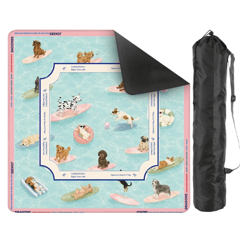 May include: A pink and blue play mat featuring cartoon dogs surfing on surfboards in a pool. The mat has a white border with text and a black carrying bag. The mat is designed for a game.