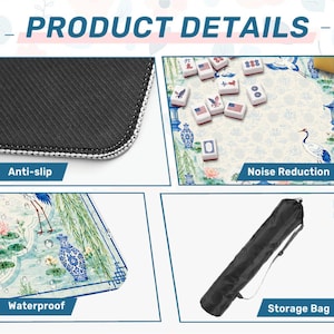 May include: A mahjong mat product details display featuring a black anti-slip rubber backing, a noise-reducing surface with crane and vase illustrations, a waterproof material close-up, and a black cylindrical storage bag with a shoulder strap.