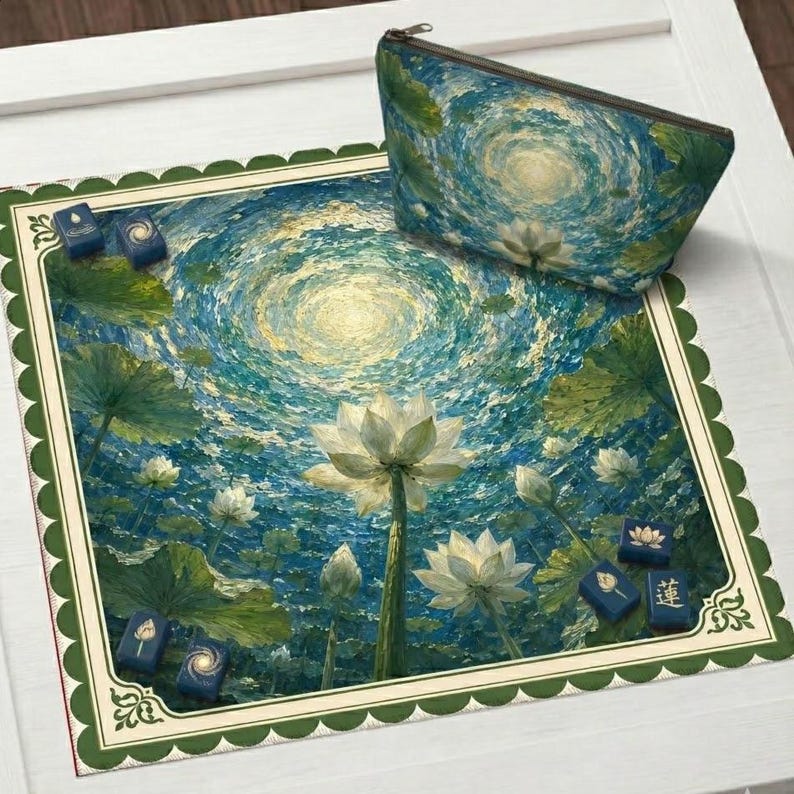 Op de afbeelding: Een vierkante mat met een geschulpte rand en een bijpassend tasje met rits, beide voorzien van een impressionistisch schilderij van witte lotusbloemen op groene waterleliebladeren tegen een wervelende blauwe en gouden waterachtergrond, met kleine blauwe tegels.