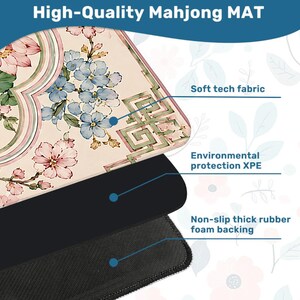 May include: A high-quality Mahjong mat with a floral design in pink and blue. The mat features a soft tech fabric, environmental protection XPE, and a non-slip thick rubber foam backing. The text "High-Quality Mahjong MAT" is at the top.