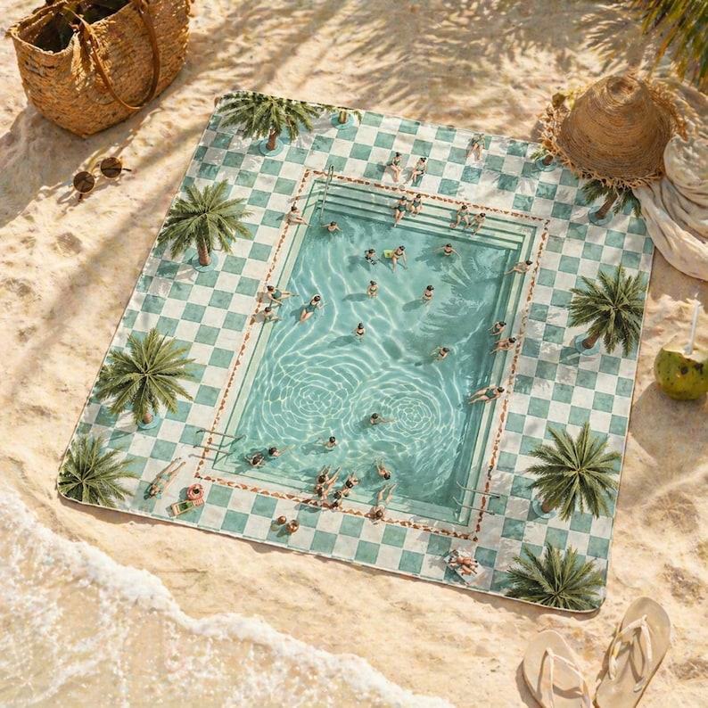 May include: A beach towel with a pool design. The towel features a checkered border in light blue and white, with a central image of a pool filled with people. Palm trees are scattered around the pool, and the towel is on a sandy beach.