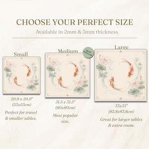 May include: Image shows three square mats with a koi fish design, available in small (20.9 x 20.9 inches), medium (31.5 x 31.5 inches), and large (33 x 33 inches) sizes. The mats are available in 2mm and 3mm thickness.