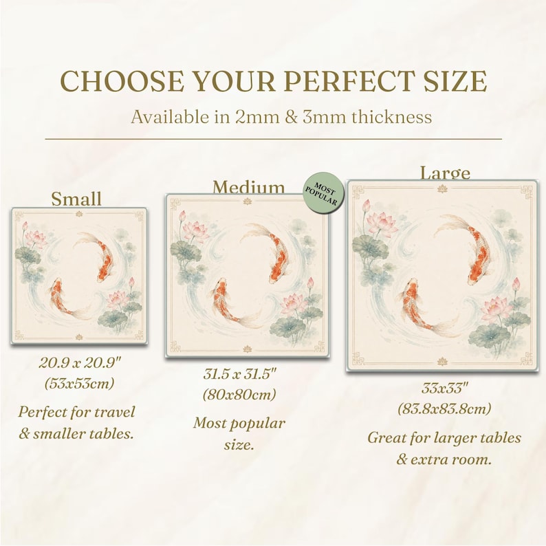 May include: Image shows three square mats with a koi fish design, available in small (20.9 x 20.9 inches), medium (31.5 x 31.5 inches), and large (33 x 33 inches) sizes. The mats are available in 2mm and 3mm thickness.