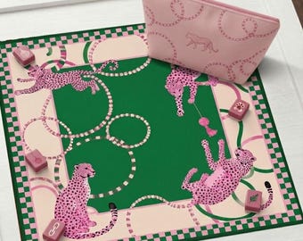 Tapete de Mahjong con estampado de leopardo rosa y verde, decoración de tablero de ajedrez verde estilo preppy, regalo de Mahjong para mujeres, mantel antideslizante, se envía enrollado.