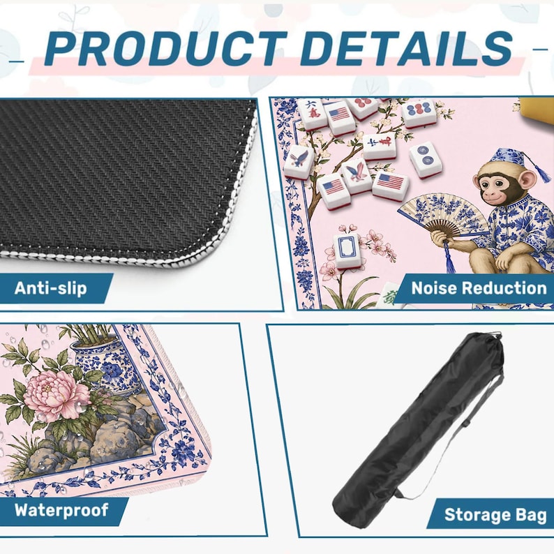 May include: Product details image showing a close-up of a black anti-slip surface, a pink floral design with mahjong tiles, and a black storage bag. The image also highlights noise reduction and waterproof features.