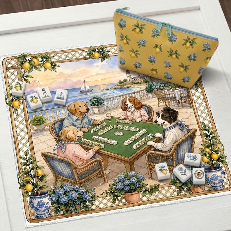 May include: A decorative mat and zippered pouch featuring a whimsical scene of dogs playing mahjong on a patio overlooking the ocean. The mat has a border with lemons and the pouch is yellow with lemon and blue flower patterns.
