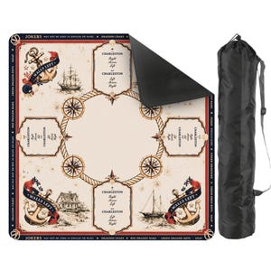 May include: A square game mat with a cream-colored surface featuring nautical illustrations of anchors, ships, and compasses. The mat includes text detailing Charleston rules and game instructions, accompanied by a black cylindrical carrying bag with a strap.
