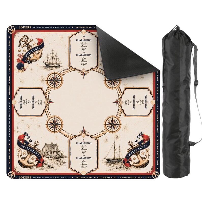 May include: A square game mat with a cream-colored surface featuring nautical illustrations of anchors, ships, and compasses. The mat includes text detailing Charleston rules and game instructions, accompanied by a black cylindrical carrying bag with a strap.